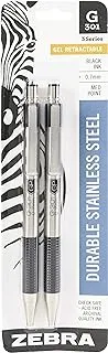 Zebra Pen G-301 Retractable Gel Ink Pen, Stainless Steel Barrel, Medium Point, 0.7mm, Black Ink, 2-Pack