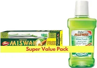 Dabur Miswak Toothpaste with Pure Al Arak, 190 gm + Free Toothbrush + Dabur Miswak Mint Fresh Mouthwash with Al Arak, Alcohol Free - 250 ml