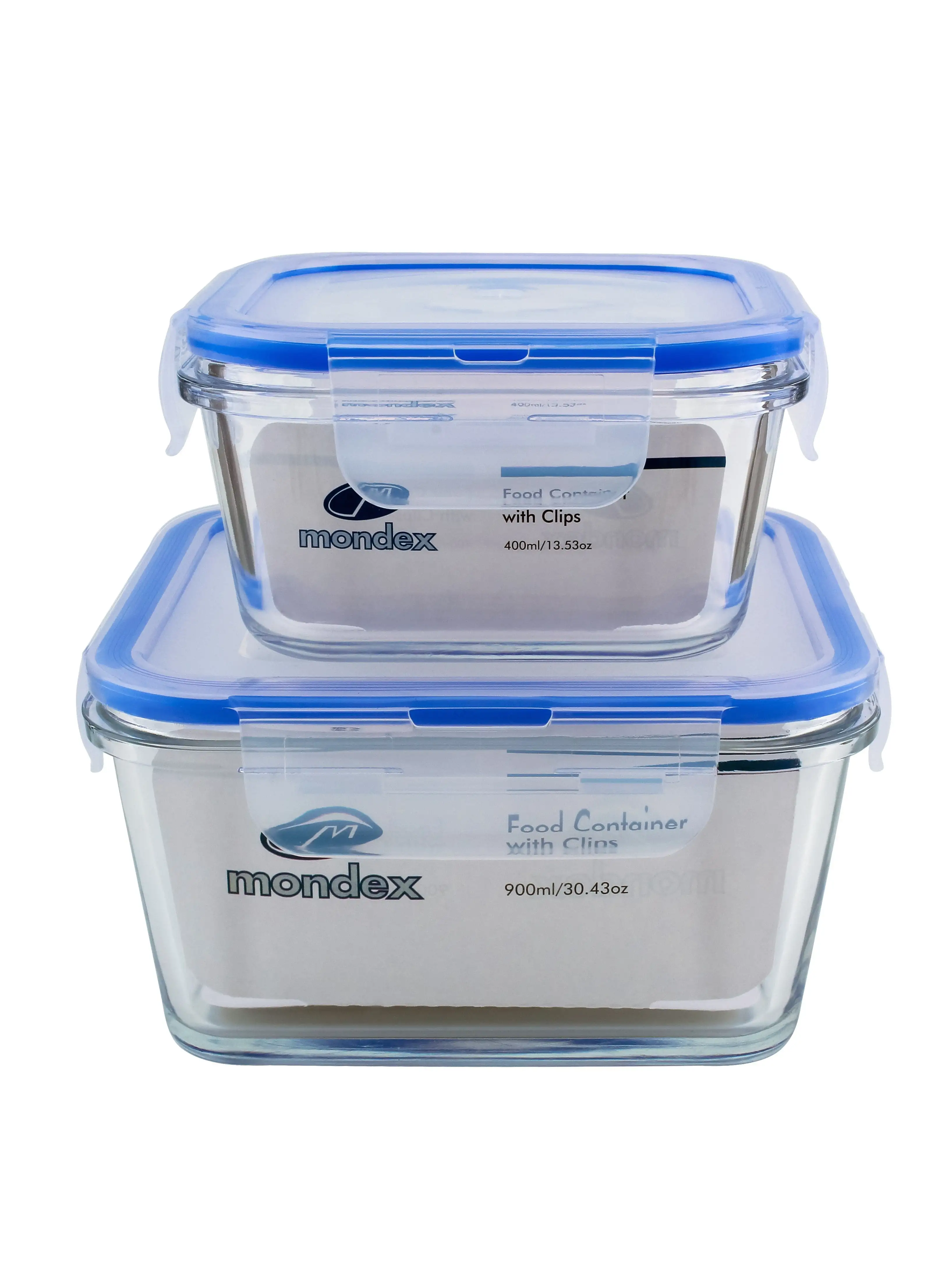 Mondex 2Pcs 400ml And 900ml Square Glass Food Storage Container With Blue Lid