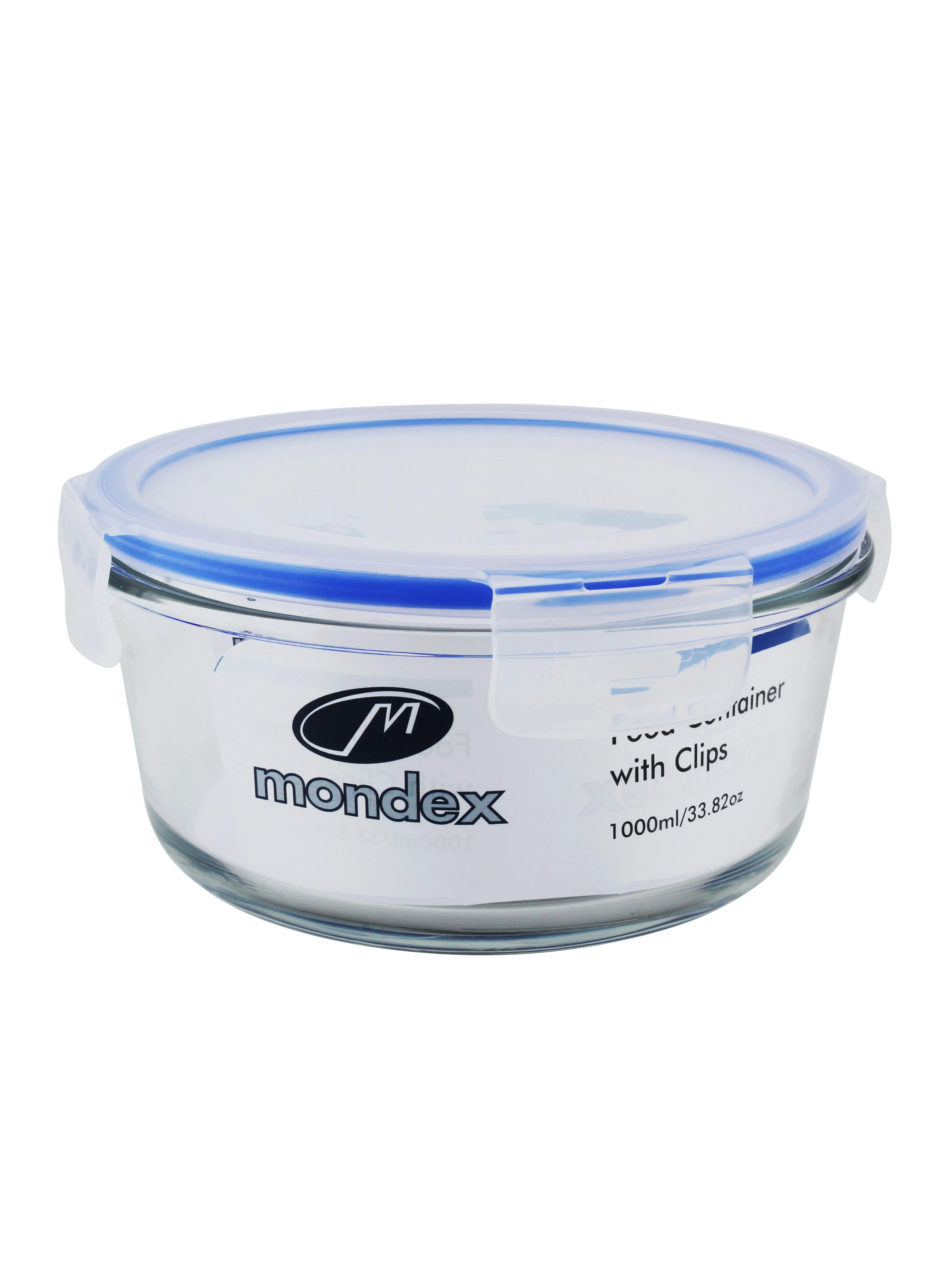 Mondex Round Glass Food Storage Container With Lid Clear/Blue 1000ml