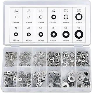 NEIKO 50400A Stainless Steel Lock and Flat Washer Assortment | 350 Piece Set | 12 Different Sizes in Spring Lock and Flat Design | Prevent Loose Fasteners