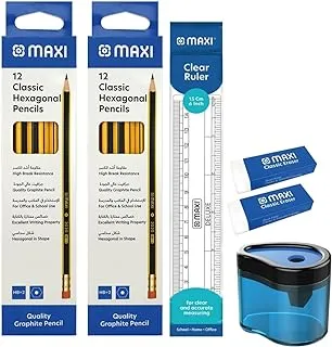 Maxi Hexagonal Black Lead Pencil 12X2Pkt+Plastic Clear Ruler 15Cm+Single Hole Barrel Sharpener + Classic Eraser-2Pcs