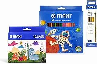 Maxi Colour pencils 24colours+Jumbo Wax Crayons 12colours+Graphite Pencil HB 12pcs Box, Draw color or decorate with this amazing set