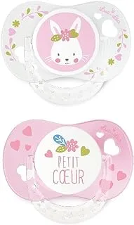 Luc et Lea 635319 Anatomical Duo Symmetrical Rabbit/Heart Pacifiers with Ring for 0-6 Months 2-Piece, Pink/White