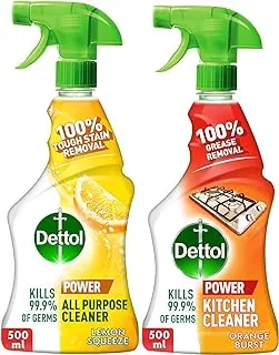 Dettol All Purpose Cleaner (Lemon) with Kitchen Cleaner (Orange Burst) Trigger Spray, 500 ml (Pack of 2)