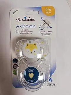 Luc et Lea 635353 Anatomical Duo Symmetrical Fox / Little Heart Pacifiers with Ring for 0-6 Months 2-Piece، White