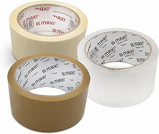 Maxi Packing Tape 3pcs Set- 48mmX45.7 M Brown+Packing Tape 48mmX45.7 M Cleare+Mascking Tape 48mmX30Yards, For Carton Sealing, Shipping and Packing Tape