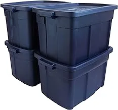 Rubbermaid Roughneck 25 Gallon Storage Totes, Pack Of 4, Durable Stackable Storage Containers With Lids, Plastic Storage Bins For Bulky Items, Seasonal Décor, Garage Storage, Dark Indigo Metallic