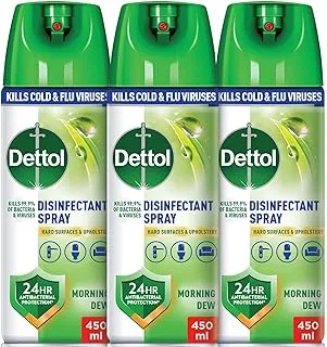 Dettol Antibacterial All in One Disinfectant Spray for Germ Protection & Personal Hygiene, Morning Dew, 450ml, Pack of 3