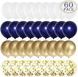 JOJO FLY 60 Pcs 12 Inch Navy Blue and Gold Confetti Balloons, White Metallic Chrome Latex Balloons for Birthday Party Decoration Baby Shower Wedding Graduation Balloon Garland Arch Kit