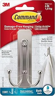 Command Bath Satin Nickel Large Double Hook Silver color, 1 Hook+2 Strips/pack | Holds 1.8kg | Water-Resistant Strips | Organize | Decoration | No Tools | Holds Strongly | Damage-Free Hanging