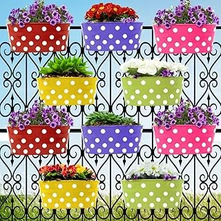 TrustBasket Dotted Oval Railing Planters (Magenta, Purple, Green, Red, Yellow) - Set of 10