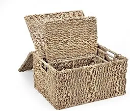 Trademark Innovations Bskt-Rect-3X Rectangular Seagrass Baskets Lids (Set Of 3), Brown