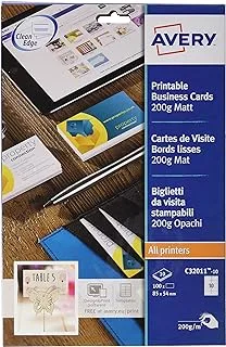 AVERY C32011–10 Business Cards, (Laser, Inkjet or Multifunction Printer), 85 x 54 mm, 100 Crads per pack, White, C32011-100