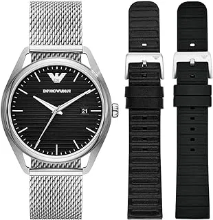 Emporio Armani men three hand date, stainless steel watch, 41mm case size, silver set, one size, bracelet, ar80055