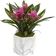 Nearly Natural Bromeliad Artificial Marble Finished Vase Silk Plants, Purple