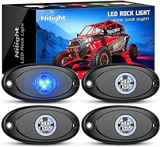 Nilight LED Rock Light 4 قطع من أكياس الضوء الزرقاء المقاومة للماء تحت عجلة الجسم وضوء جيد ومصابيح داخلية خارجية لشاحنة السيارات الصغيرة ATV UTV SUV للدراجات النارية ، ضمان سنتان