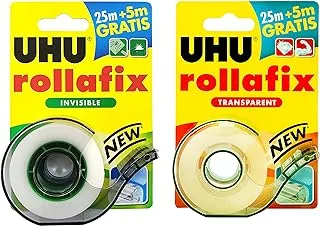 UHU ROLLAFIX شريط شفاف 25 + 5 م × 19 مم + شريط رولافيكس غير مرئي 25 + 5 م × 19 مم ، 36380 + 36395