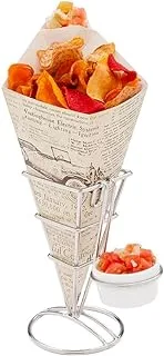 Conetek 10-Inch Eco-Friendly Finger Food Cones with Built-in Condiment Dipping Pocket: Perfect for Appetizers - Food-Safe Paper Cone Newsprint Styling Disposable and Recyclable 100-CT