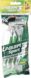 Laser Sport 3 Firm Grip Tripple Blade Disposable Shaving Razor-Anti Slip Elastomer handle-With Menthol for Added Cooling Effect-Reduce Irritation-Better Precision-Close Shave-10 Pieces