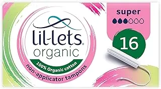 Lil-Lets Organic Super Non-Applicator Tampos -100% Pure Soft Cotton Feel - Fragrance Free Superior Comfort -Fast Absorption Leak Protection Skin Friendly 16 Units