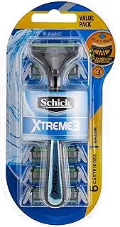 Schick Xtreme3 Hybrid Tripple Blade Razor Kit For Men- Push & Hold Clean Button-Strip Enriched With Aloevera-Comfortable Rubber Grip-Flexible Head-Smooth Comfort Shave-1 6 Cartridges