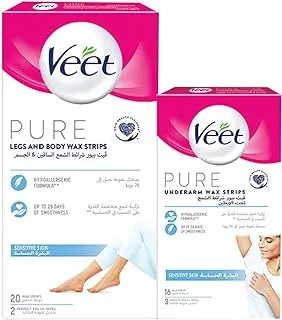 Veet Pure Legs & Body Wax Strips, Pack of 20 and Underarm Wax Strips for Sensitive Skin, Pack of 16