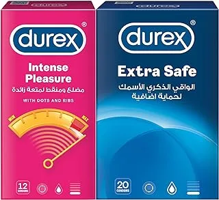 Durex Extra Safe Condom, Pack Of 20 + Durex Intense Pleasure Condom, Pack Of 12