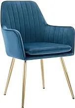 Golden Beach Velvet Dinig Chair Mid-Back Accent Chair Modern Leisure Armchair With Gold Plating Legs Upholstered Living Room Chair, Blue, Set Of 1