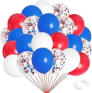 PARTY TIME - 24 Pieces Red, White and Blue Latex and Confetti Balloons Sets with Ribbon Roll for Weddings Birthday Party Decoration, Bridal & Baby Showers Balloons (12 Inches)