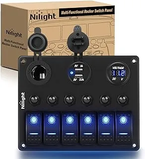 Nilight 6 Gang 5 Pin ON/Off Toggle Rocker Switch Panel with 12V-24V LED Digital Voltmeter 3.1A Dual USB Charger Cigarette Lighter Socket Overload Protection For RV Truck Boat SUV