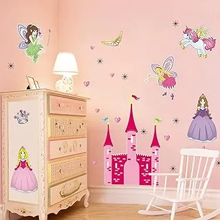 StickieArt Girl's Magical Princess Castle with Fairies & Unicorn Wall Stickers, Home Decoration DIY Removable Decals for Living Room Bedroom, STA-200