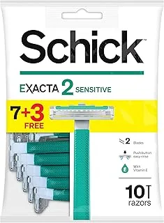 Schick Exacta2 Sensitive Twin Blade Disposable Razor For Men-Strip Enriched With Vitamin E & Aloe-Vera-Close & Smooth Shave-Push Clean Button-Slim Head-Non Slip Comfortable Rubber Grip- 7+3 Razors