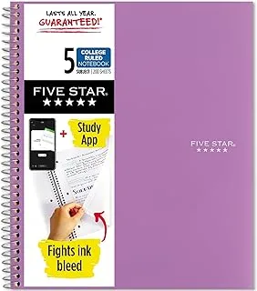 Five Star Spiral Notebook + Study App, 5 Subject, College Ruled Paper, Fights Ink Bleed, Water Resistant Cover, 21.6 cm x 27.9 cm, 200 Sheets, Purple (38748)