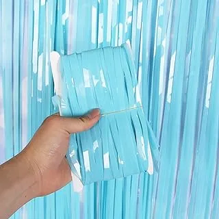 PARTY TIME - 1 Pc. Shiny Holographic Colorful Metallic Tinsel Foil Fringe Curtains Photo Booth Props for Bridal Shower Bachelorette Baby Shower Birthday Celebration Party Event Decorations (Baby Blue)