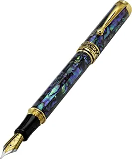 Xezo Maestro Fountain Pen, Fine Nib. Natural Pāua Abalone Sea Shell Inlay with 18 Karat Gold Plating. Handcrafted, Limited Edition, Serialized. No Two Alike