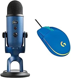 Blue Microphones Yeti Professional USB Microphone للتسجيل والبث والمزيد ، Plug 'n Play على الكمبيوتر الشخصي وماك - Midnight Blue + Logitech G203 Prodigy Wired Gaming Mouse ، 8000 نقطة في البوصة ، RGB - أزرق