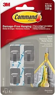 Command Stainless Steel Metal Small Hook Silver color, 4 hooks + 5 strips/pack | holds 225 gr. each hook | Organize | Decoration | No Tools | Holds Strongly | Damage-Free Hanging