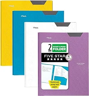 Five Star 2-Pocket Folders, 4 Pack, Plastic Folders With Stay-Put Tabs And Prong Fasteners, Holds 11” X 8-1/2”, Assorted Colors Will Vary (38064)