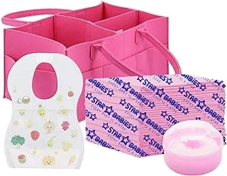 Star Babies Combo Pack (Diaper Caddy Organizer, 10pcs Disposable Changing Mats, 10pcs Disposable Bibs, Powder Puff)