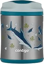 Contigo food jar; stainless steel vacuum-insulated container for soup, veggies or fruit; 100% leak-proof; kids lunch box; hot up to 6 hours, cold 7; preschool school; 10 oz - Macaroon Sharks