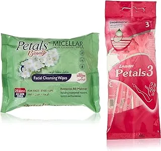 Petals Beauty Micellar مناديل منظفة للوجه / إزالة المكياج بخلاصة الياسمين - 25 قطعة + بتلات ليزر 3 شفرات حلاقة 3 | أساسيات الجمال | مزيل المكياج | مناسب لجميع أنواع البشرة | حزمة القيمة