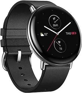 Zepp E Circle Smart Watch Health And Fitness Tacker With Heart Rate, Spo2 And Rem Sleep Monitoring, Stainless Steel Body, Leather Band, Polar Night Black, USB