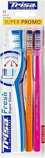 Trisa Fresh Super Clean Hard Adult Toothbrush With Travel Cap, Swiss Made, Finest Swiss Oral Care, Perfectly Rounded Filament Ends, Assortment Pack of 3.