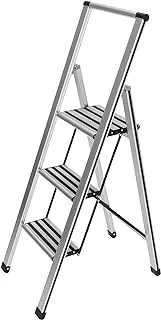 WENKO Compact 3-Step Stepladder, Aluminium, Lightweight, Anti-Slip Steps, Sturdy & Safe, Folds Away for Storage, 44x127x5.5cm, Silver Matt