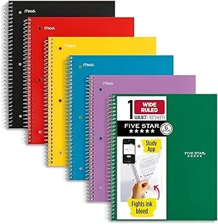 Five Star Spiral Notebooks, 6 Pack, 1 Subject, Wide Ruled Paper, Fights Ink Bleed, Water Resistant Cover, 21.6 cm x 25.4 cm, 100 Sheets, Black, Red, Yellow, Purple, Green, Blue (38042)