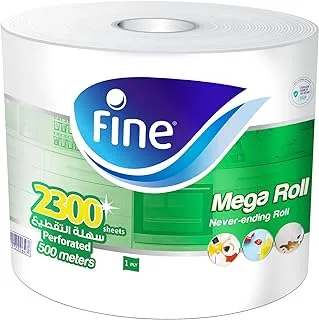 Fine® Kitchen paper towel roll, 2300 sheets X 1 ply of 500meters. Fine Mega roll, sterilized tissues for germ protection, Half Perforated