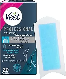 Veet Professional Hair Removal Easy-Gel Legs & Body Wax Strips With Almond Oil For Sensitive Skin, Perfect Finish Wipes With Argan Oil, Up To 28 Days Of Smoothness, 20 Wax Strips (Pack May Vary)