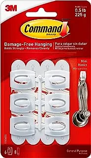 Command Small Hooks White color, 6 hooks + 8 strips/pack | Holds 225 gr. each hook | Organize | Decoration | No Tools | Holds Strongly | Damage-Free Hanging