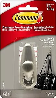 Command Classic Nickel Medium Hook Silver color, 1 hook and 2 strips/pack | Holds 1.3 kg | Organize | Decoration | No Tools | Holds Strongly | Damage-Free Hanging |